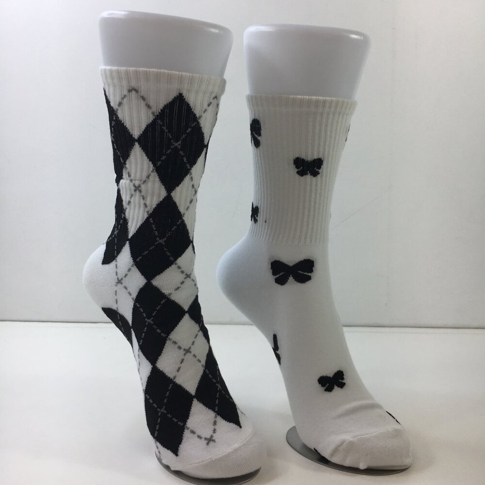Womens Black & White Mixed Patterns Argyle & Bow Print Fun Socks 2 Pack
